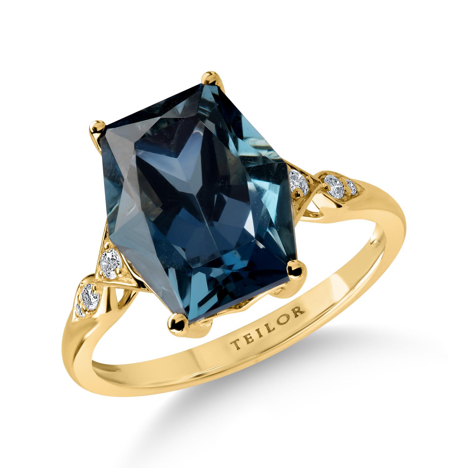 Sárga arany gyűrű 6.37ct Londoni kék topázzal és 0.07ct gyémántokkal
